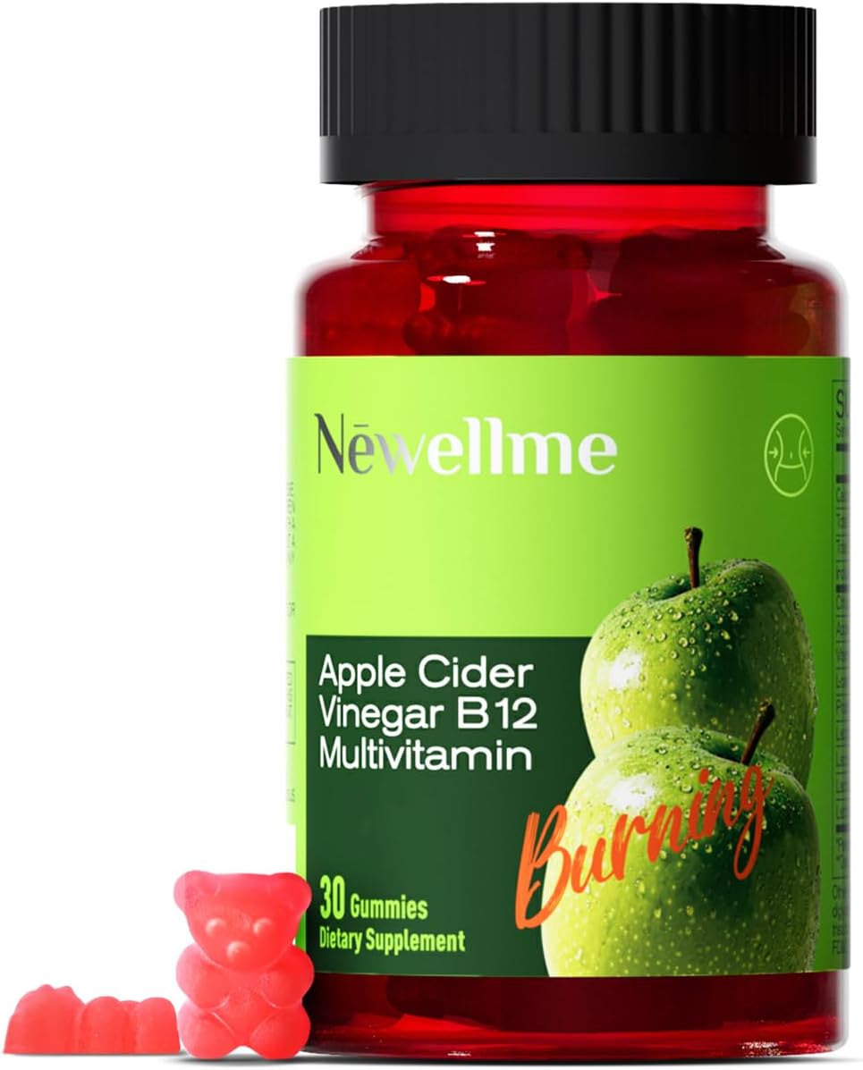 NEWELLME Sugar-Free Apple Cider Vinegar (ACV) Gummies with The Mother & B12, Vegan Organic Vitamin Gummies for Digestion, Energy & Metabolism,Gluten-Free, Multivitamin Support,30 Counts