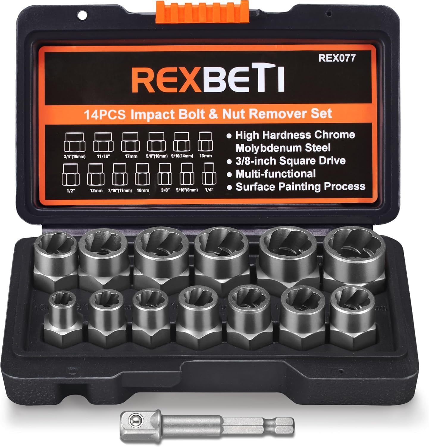 REXBETI Impact Bolt & Nut Remover Set, Bolt Extractor Tool Set with Solid Storage Case (14 pieces)