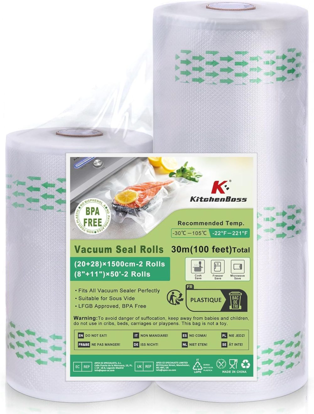 Vacuum Sealer Bags for Food: 2 Pack 1 Roll 11" x 50' and 1 Roll 8" x 50' Commercial Grade BPA-Free, Leakproof Great for Long-term Storage