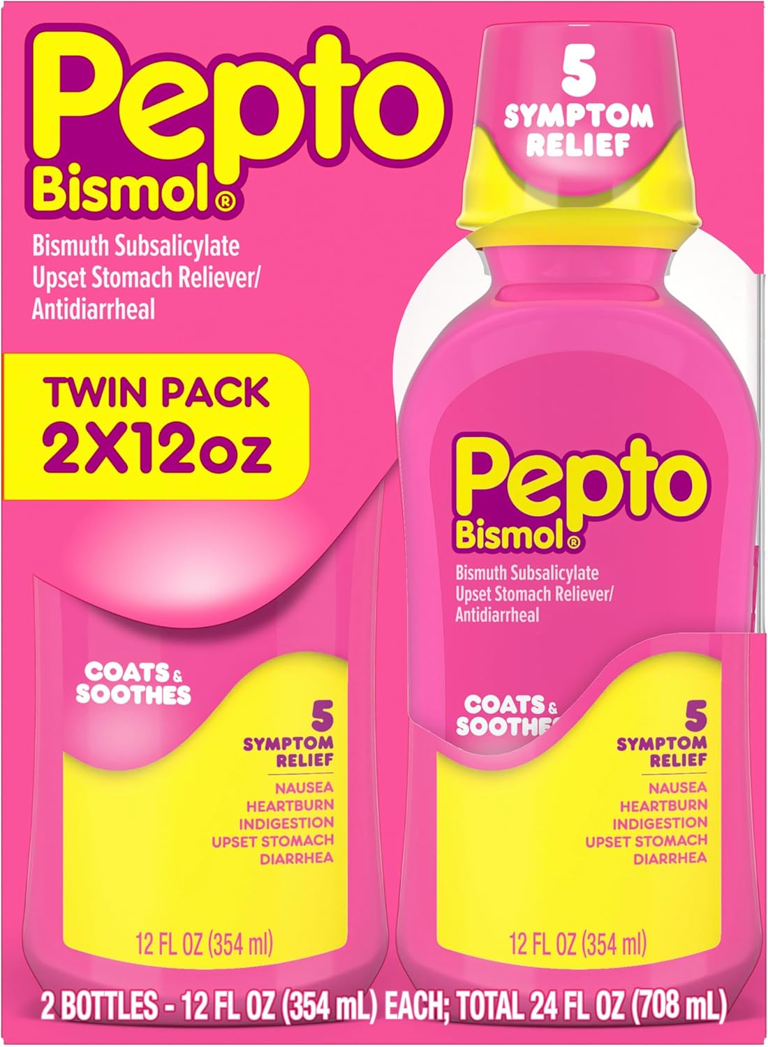 Pepto Bismol Liquid, Upset Stomach Relief, Nausea Relief, Heartburn Relief, Indigestion Relief, Anti Diarrhea Medication for Adults - 5 Symptom Fast Relief, 2x12 oz (Packaging May Vary)